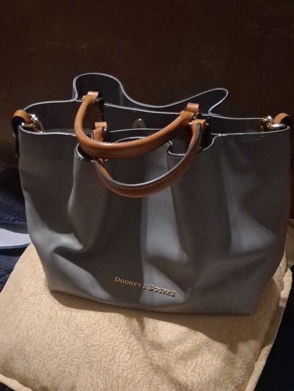 Dooney & Bourke Gray Tote with Tan Handles and Gold Logo